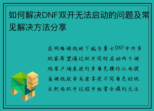 如何解决DNF双开无法启动的问题及常见解决方法分享